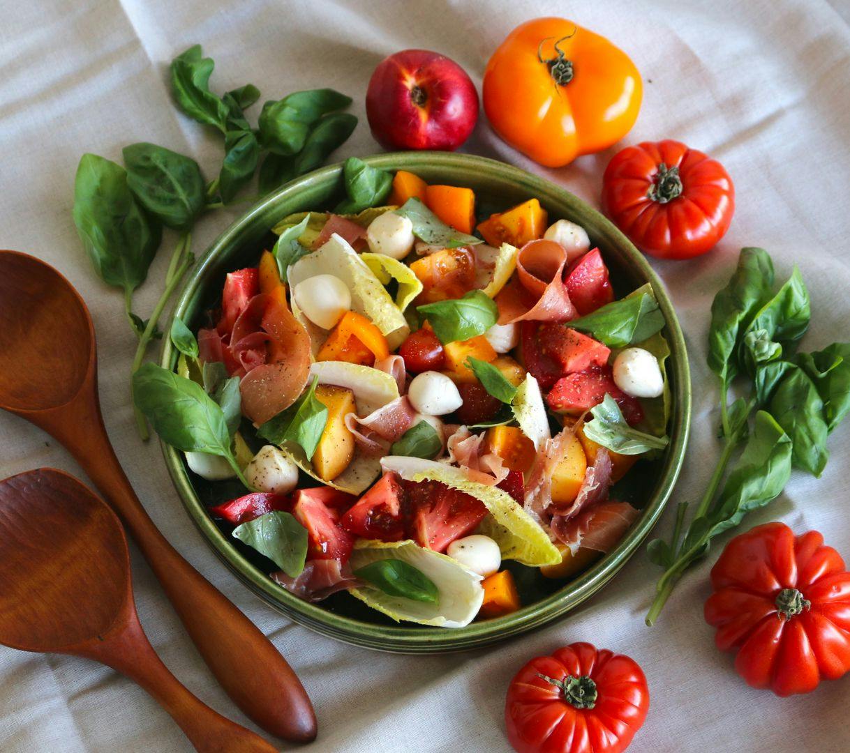 Heirloom tomato, nectarine, jamon, witloof and bocconcini salad